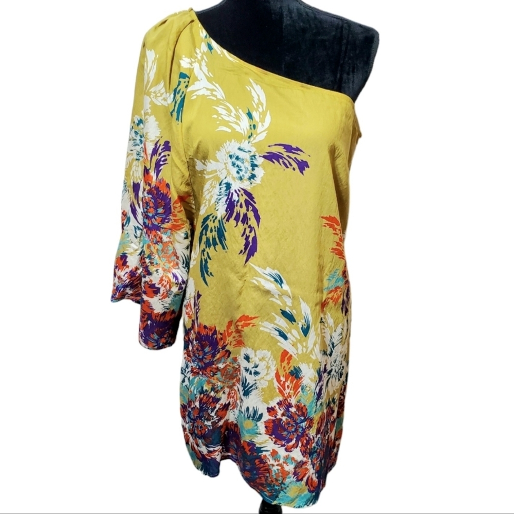 One shoulder yellow floral midi dress